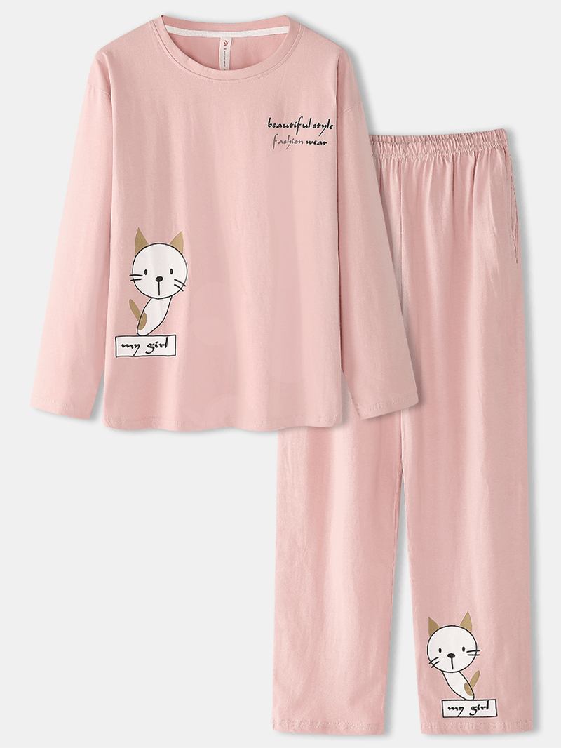 Kvinnor Tecknad Katttryck Långärmad Pullover Elastisk Midja Ficka Byxor Rosa Hem Pyjamas Set