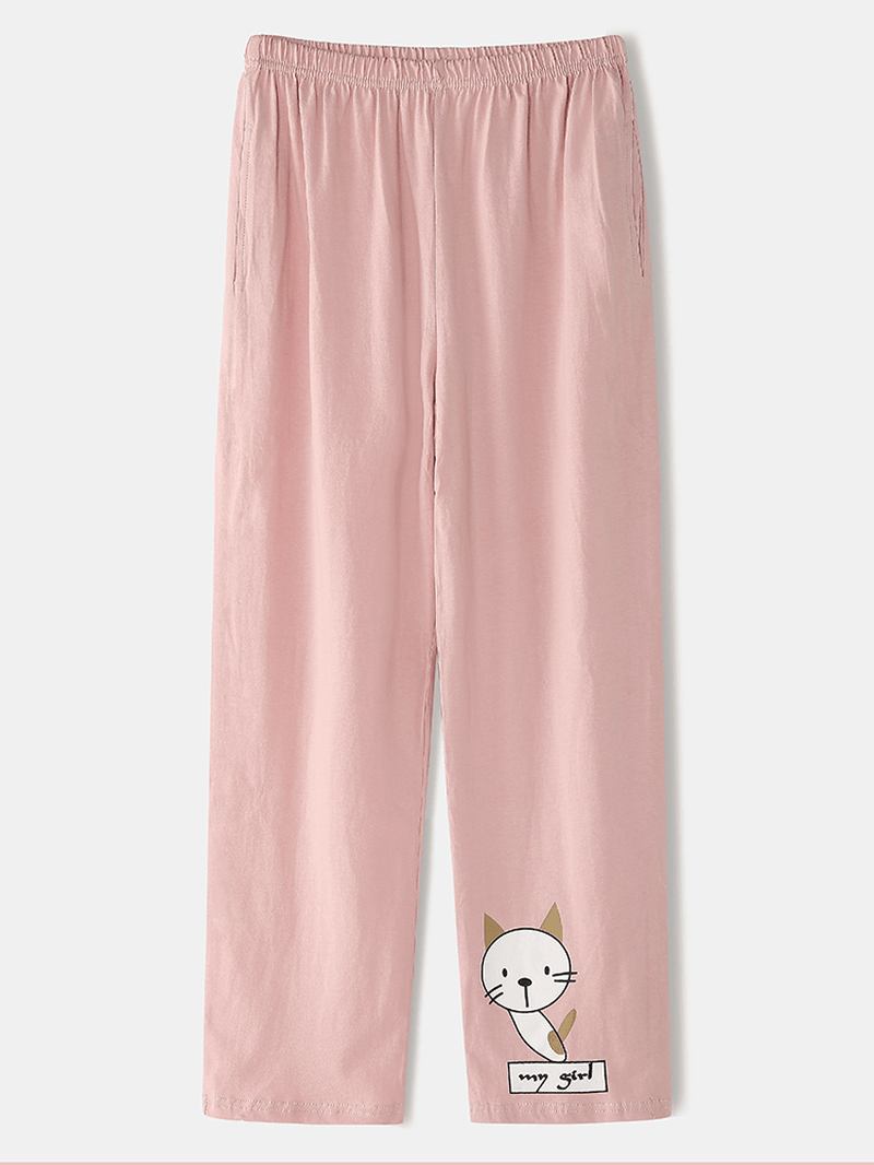 Kvinnor Tecknad Katttryck Långärmad Pullover Elastisk Midja Ficka Byxor Rosa Hem Pyjamas Set