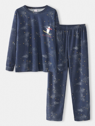 Kvinnor Tecknad Polar Bear & Starry Sky Med Tryck Pullover Elastisk Midja Pocket Byxor Hem Pyjamas Set