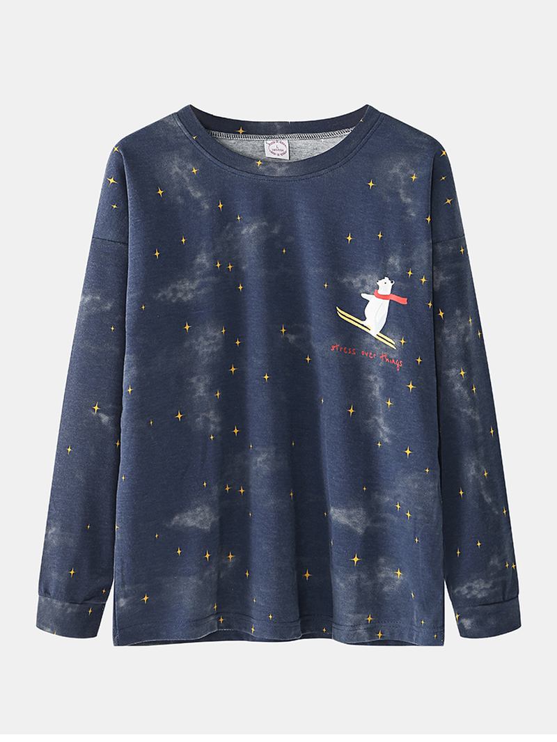 Kvinnor Tecknad Polar Bear & Starry Sky Med Tryck Pullover Elastisk Midja Pocket Byxor Hem Pyjamas Set