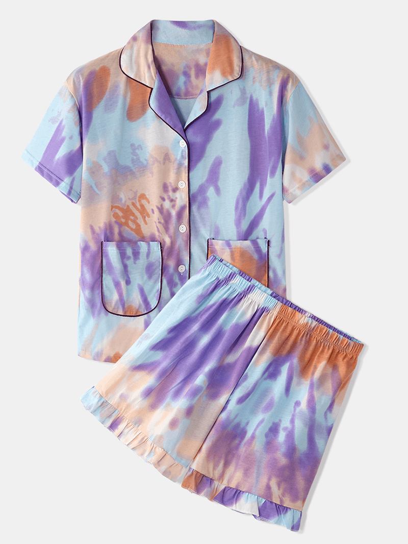 Kvinnor Tie Dye Button Up Pocket Revere Krage Kortärmad Hem Pyjamas Set