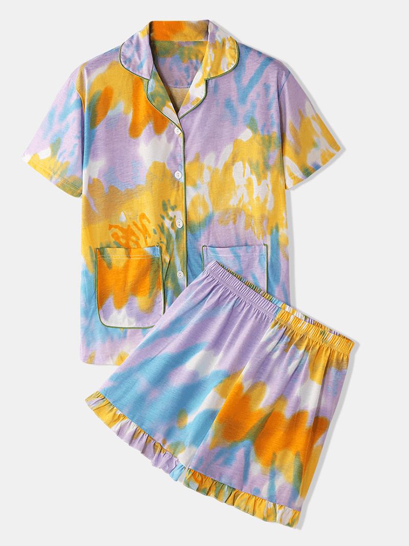 Kvinnor Tie Dye Button Up Pocket Revere Krage Kortärmad Hem Pyjamas Set