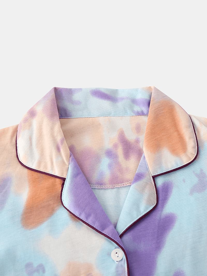 Kvinnor Tie Dye Button Up Pocket Revere Krage Kortärmad Hem Pyjamas Set