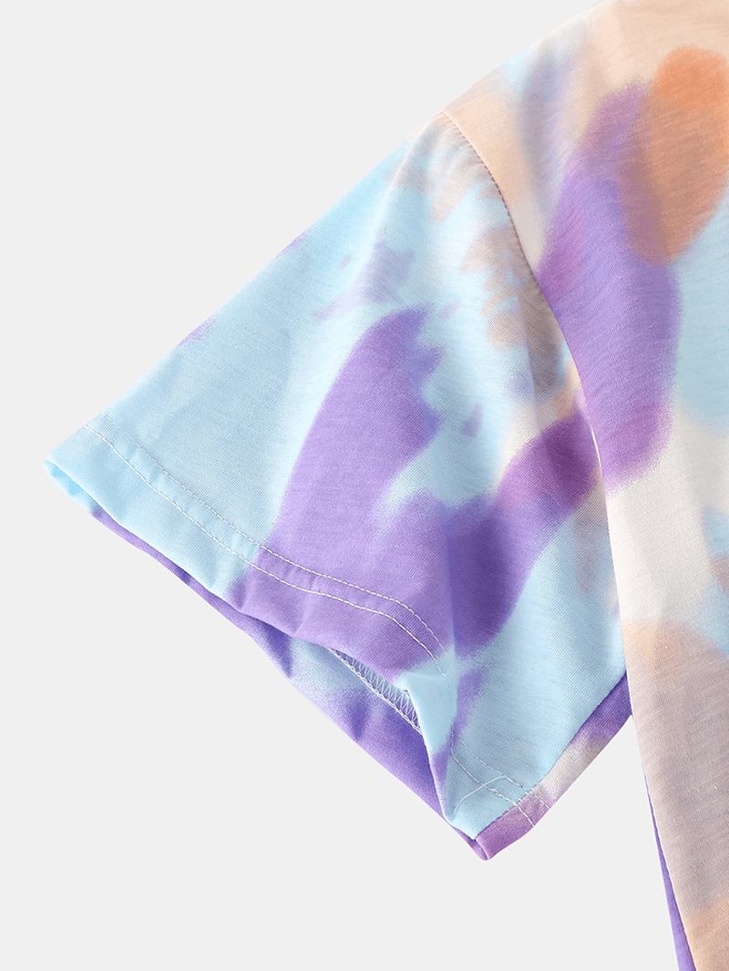 Kvinnor Tie Dye Button Up Pocket Revere Krage Kortärmad Hem Pyjamas Set