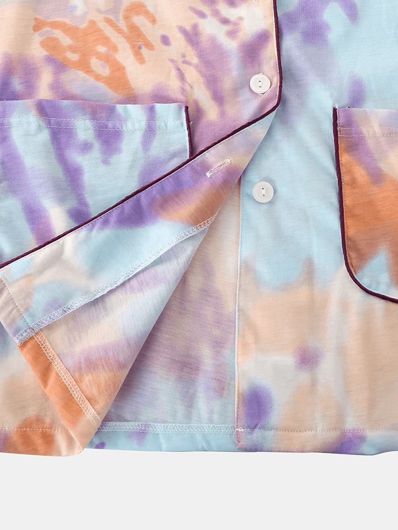 Kvinnor Tie Dye Button Up Pocket Revere Krage Kortärmad Hem Pyjamas Set