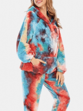 Kvinnor Tie Dye Fleece Känguruficka Luvtröja Byxor Hem Sleepweat Casual Pyjamas Set