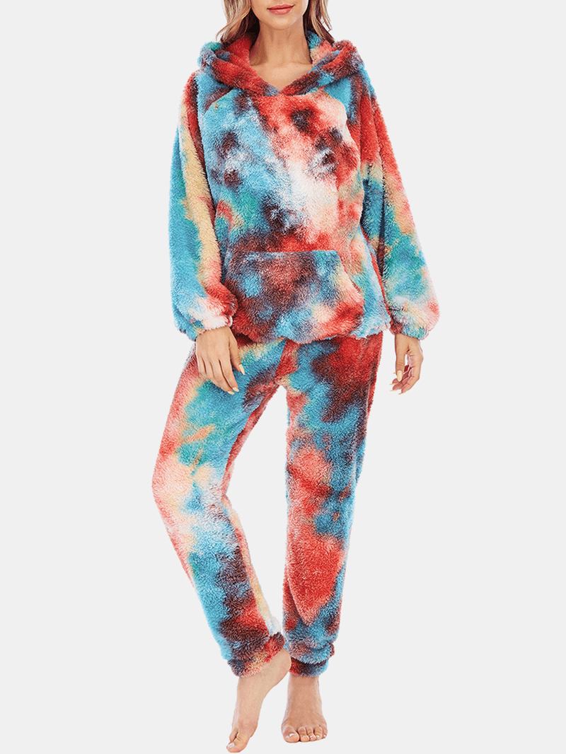 Kvinnor Tie Dye Fleece Känguruficka Luvtröja Byxor Hem Sleepweat Casual Pyjamas Set