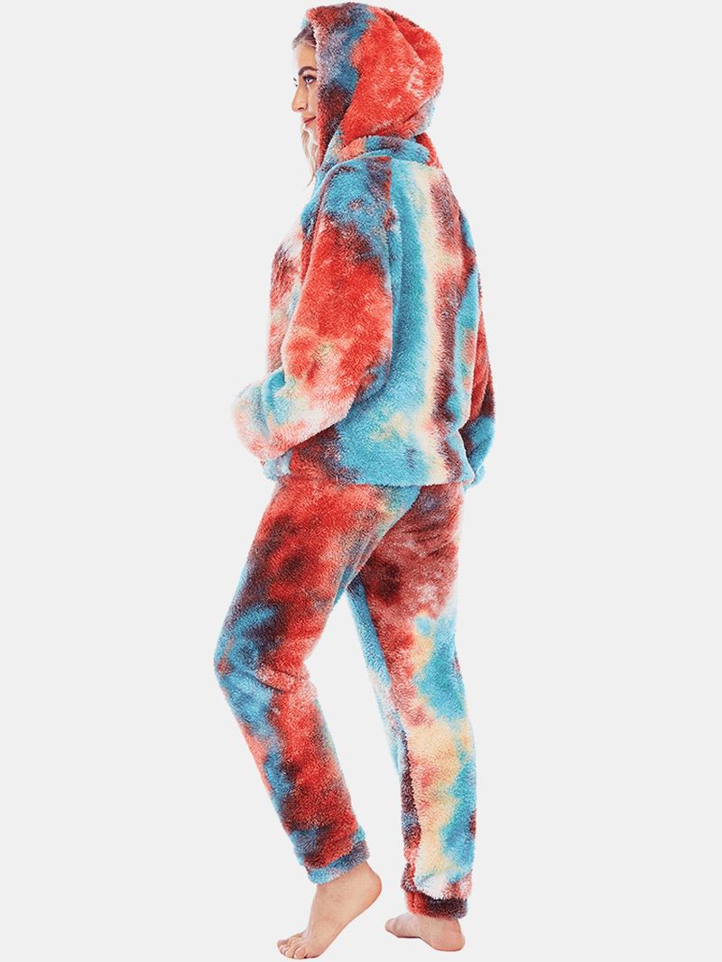 Kvinnor Tie Dye Fleece Känguruficka Luvtröja Byxor Hem Sleepweat Casual Pyjamas Set