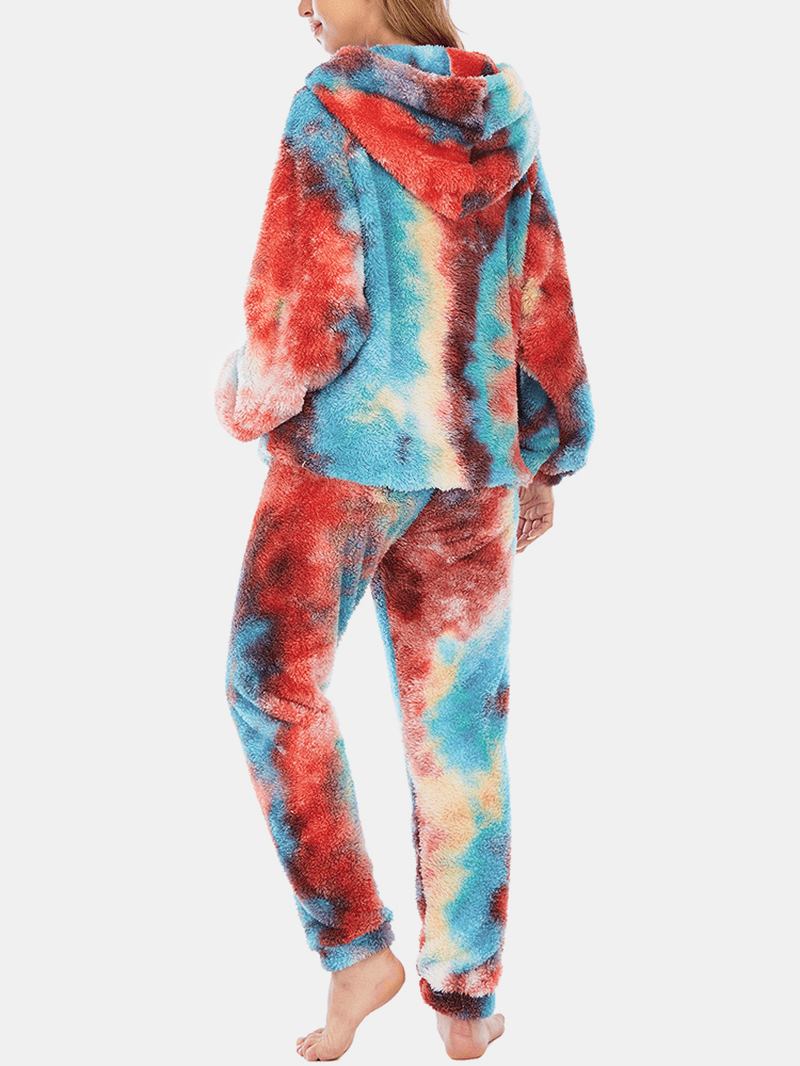 Kvinnor Tie Dye Fleece Känguruficka Luvtröja Byxor Hem Sleepweat Casual Pyjamas Set