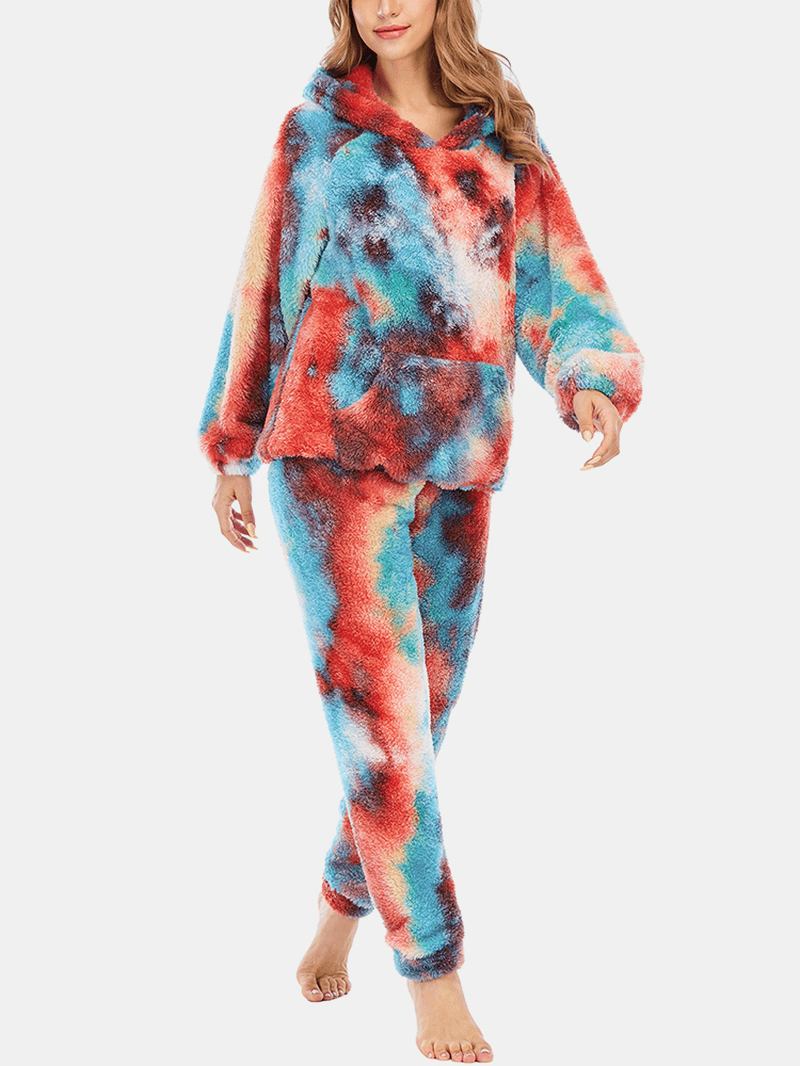 Kvinnor Tie Dye Fleece Känguruficka Luvtröja Byxor Hem Sleepweat Casual Pyjamas Set