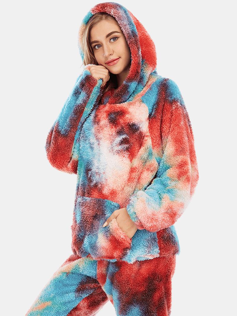 Kvinnor Tie Dye Fleece Känguruficka Luvtröja Byxor Hem Sleepweat Casual Pyjamas Set