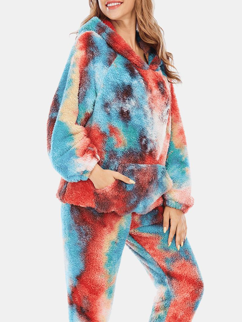 Kvinnor Tie Dye Fleece Känguruficka Luvtröja Byxor Hem Sleepweat Casual Pyjamas Set