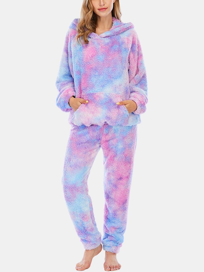 Kvinnor Tie Dye Känguruficka Långärmad Fleece Luvtröja Lösa Byxor Hem Mjuk Pyjamas Set