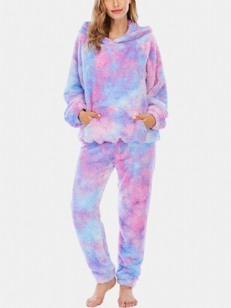 Kvinnor Tie Dye Känguruficka Långärmad Fleece Luvtröja Lösa Byxor Hem Mjuk Pyjamas Set