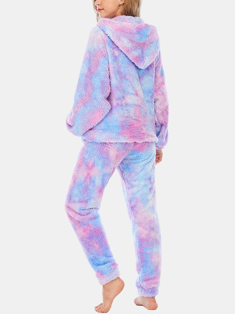 Kvinnor Tie Dye Känguruficka Långärmad Fleece Luvtröja Lösa Byxor Hem Mjuk Pyjamas Set