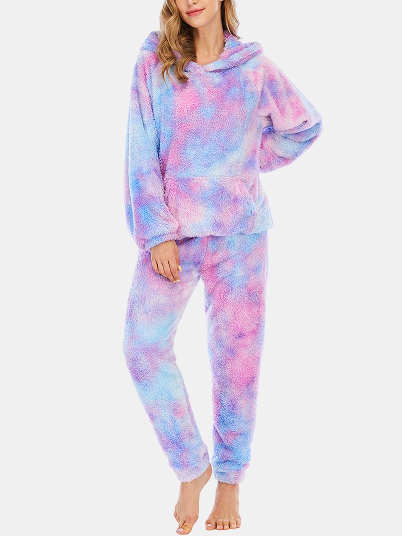 Kvinnor Tie Dye Känguruficka Långärmad Fleece Luvtröja Lösa Byxor Hem Mjuk Pyjamas Set