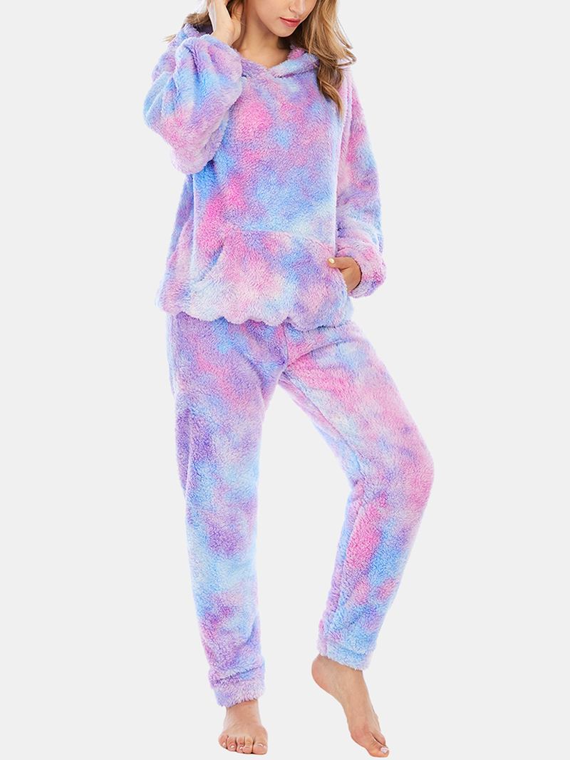 Kvinnor Tie Dye Känguruficka Långärmad Fleece Luvtröja Lösa Byxor Hem Mjuk Pyjamas Set