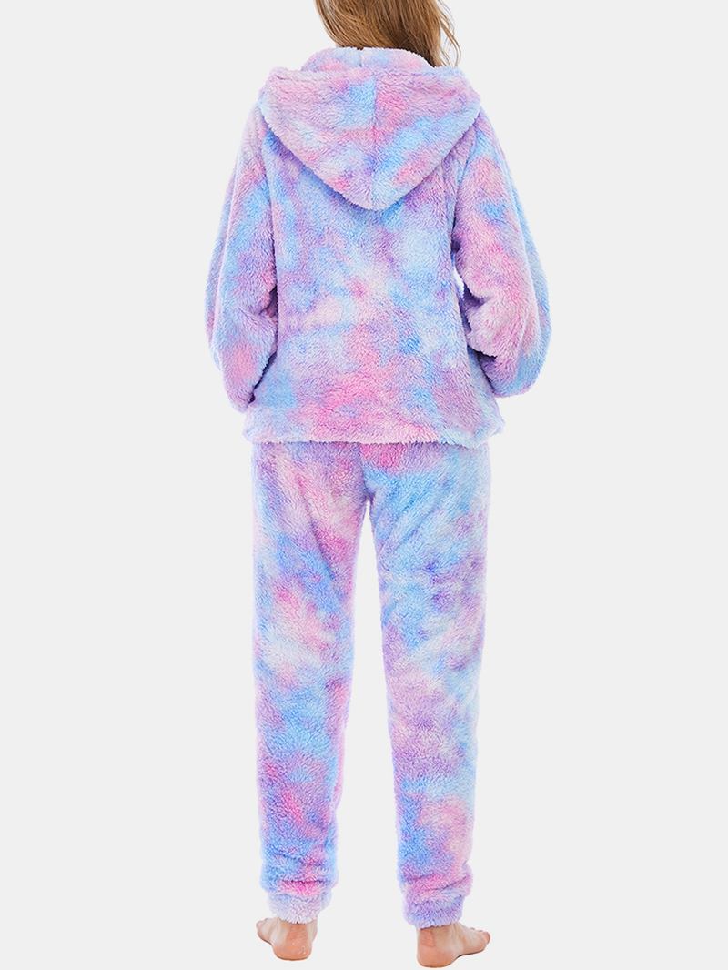 Kvinnor Tie Dye Känguruficka Långärmad Fleece Luvtröja Lösa Byxor Hem Mjuk Pyjamas Set