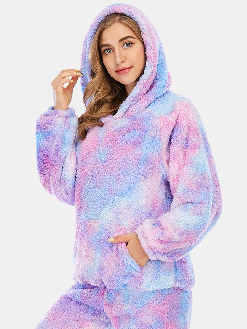 Kvinnor Tie Dye Känguruficka Långärmad Fleece Luvtröja Lösa Byxor Hem Mjuk Pyjamas Set