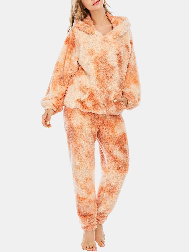 Kvinnor Tie Dye Mjuk Plysch Långärmad Ficka Fleece Luvtröja Lösa Byxor Hem Pyjamas Set