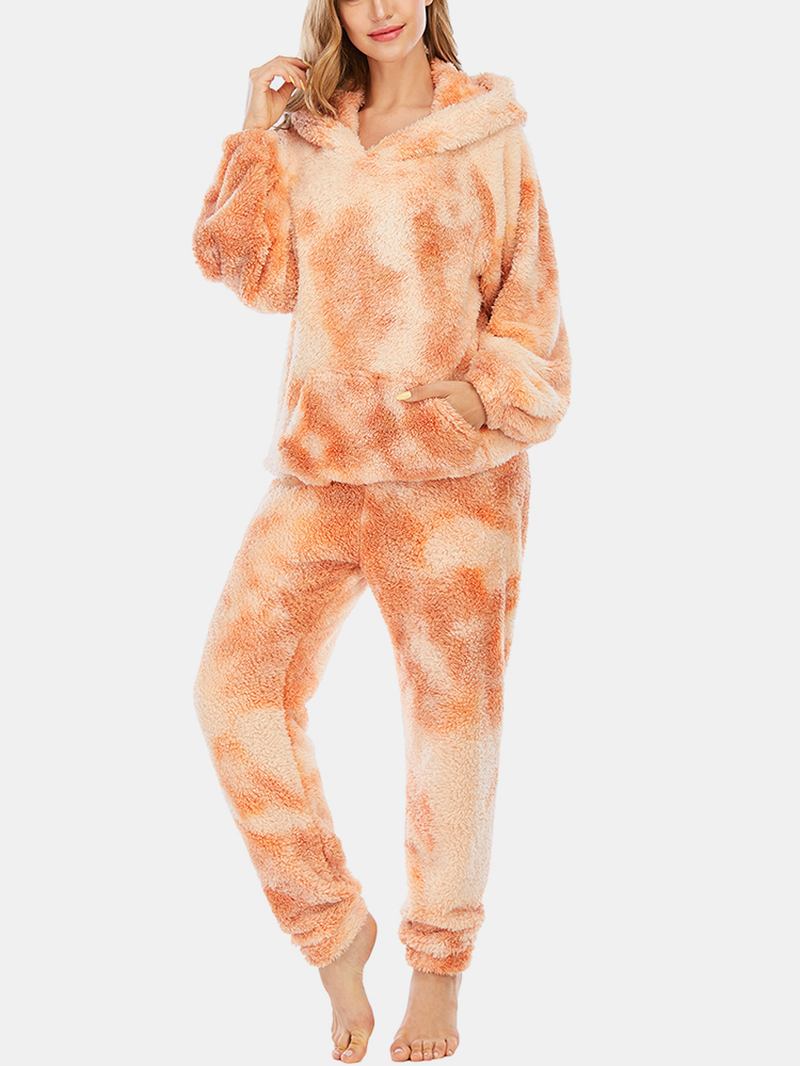 Kvinnor Tie Dye Mjuk Plysch Långärmad Ficka Fleece Luvtröja Lösa Byxor Hem Pyjamas Set