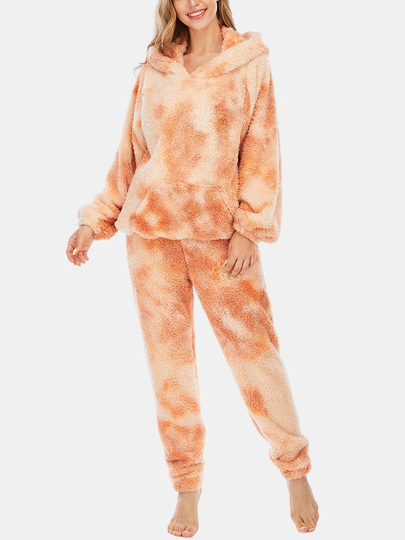 Kvinnor Tie Dye Mjuk Plysch Långärmad Ficka Fleece Luvtröja Lösa Byxor Hem Pyjamas Set