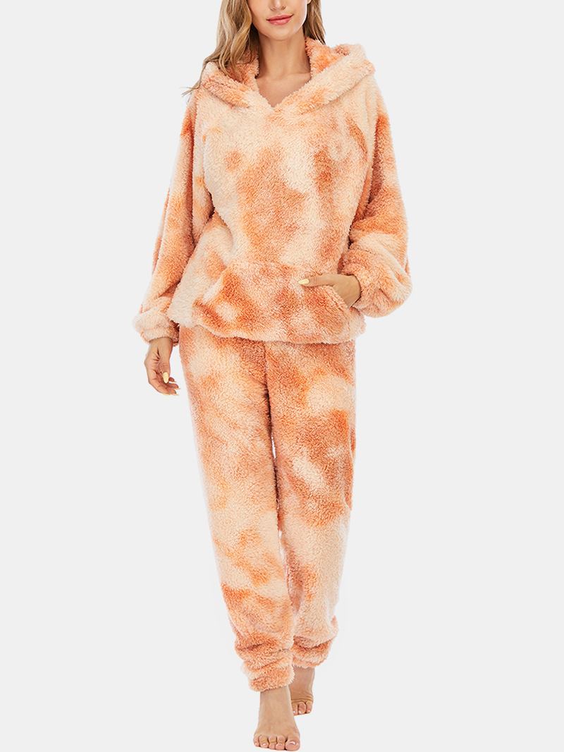 Kvinnor Tie Dye Mjuk Plysch Långärmad Ficka Fleece Luvtröja Lösa Byxor Hem Pyjamas Set