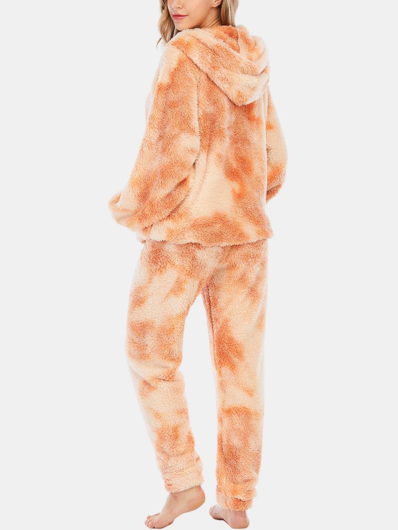 Kvinnor Tie Dye Mjuk Plysch Långärmad Ficka Fleece Luvtröja Lösa Byxor Hem Pyjamas Set