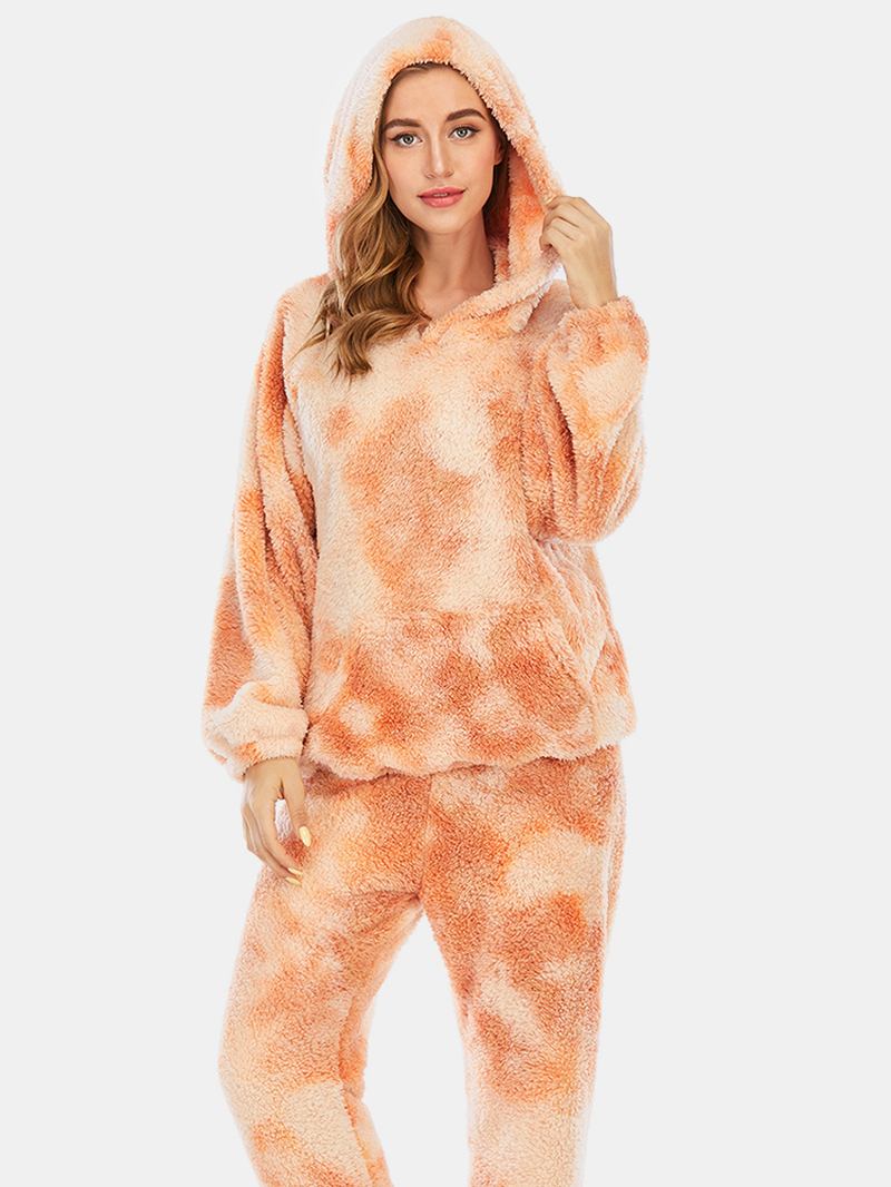 Kvinnor Tie Dye Mjuk Plysch Långärmad Ficka Fleece Luvtröja Lösa Byxor Hem Pyjamas Set