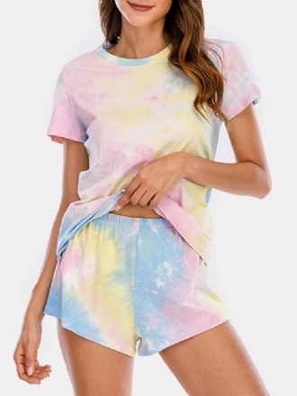 Kvinnor Tie Dye Pyjamas Set Två Delar Kort Ärm O-neck Softies Sommar Sovkläder