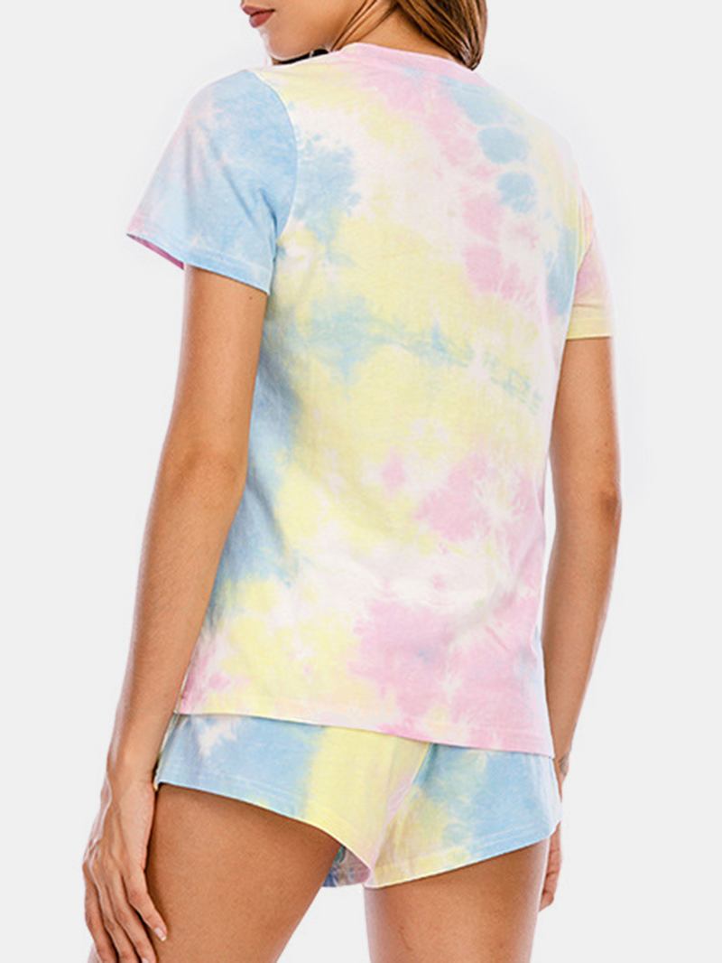 Kvinnor Tie Dye Pyjamas Set Två Delar Kort Ärm O-neck Softies Sommar Sovkläder