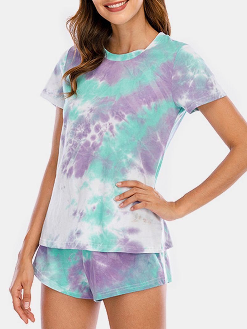 Kvinnor Tie Dye Pyjamas Set Två Delar Kort Ärm O-neck Softies Sommar Sovkläder