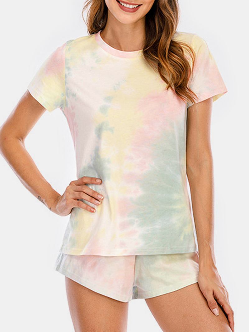 Kvinnor Tie Dye Pyjamas Set Två Delar Kort Ärm O-neck Softies Sommar Sovkläder