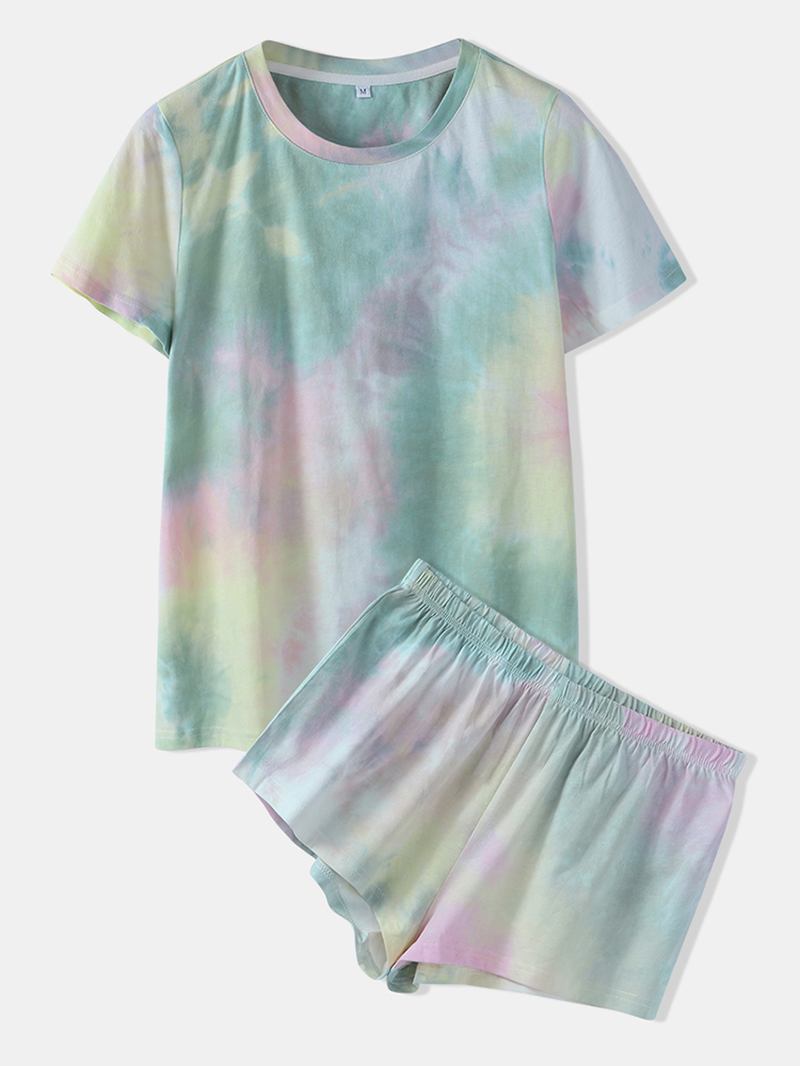 Kvinnor Tie Dye Pyjamas Set Två Delar Kort Ärm O-neck Softies Sommar Sovkläder