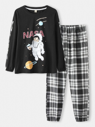 Kvinnor Tjej Astronaut Med Tryck Rund Hals Bomulls Cuffed Pyjamas Set Med Pläda Byxor