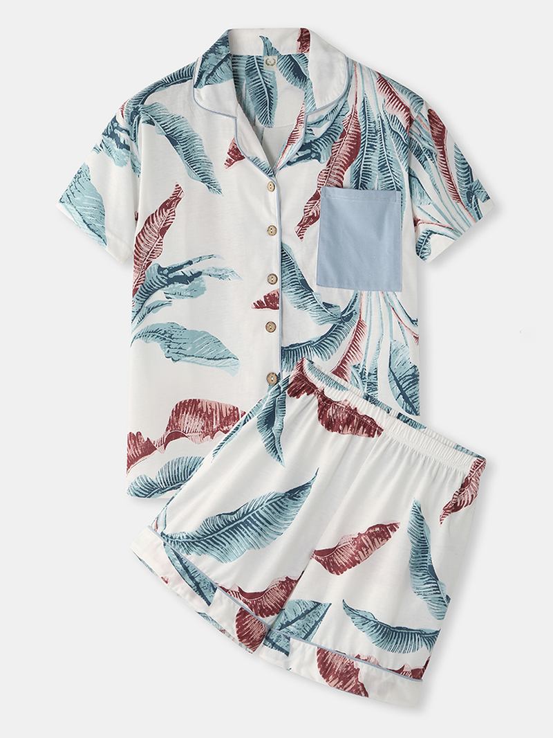 Kvinnor Tropical Plant Leaves Med Tryck Button Up Revere Collar Kortärmad Home Casual Pyjamas Set