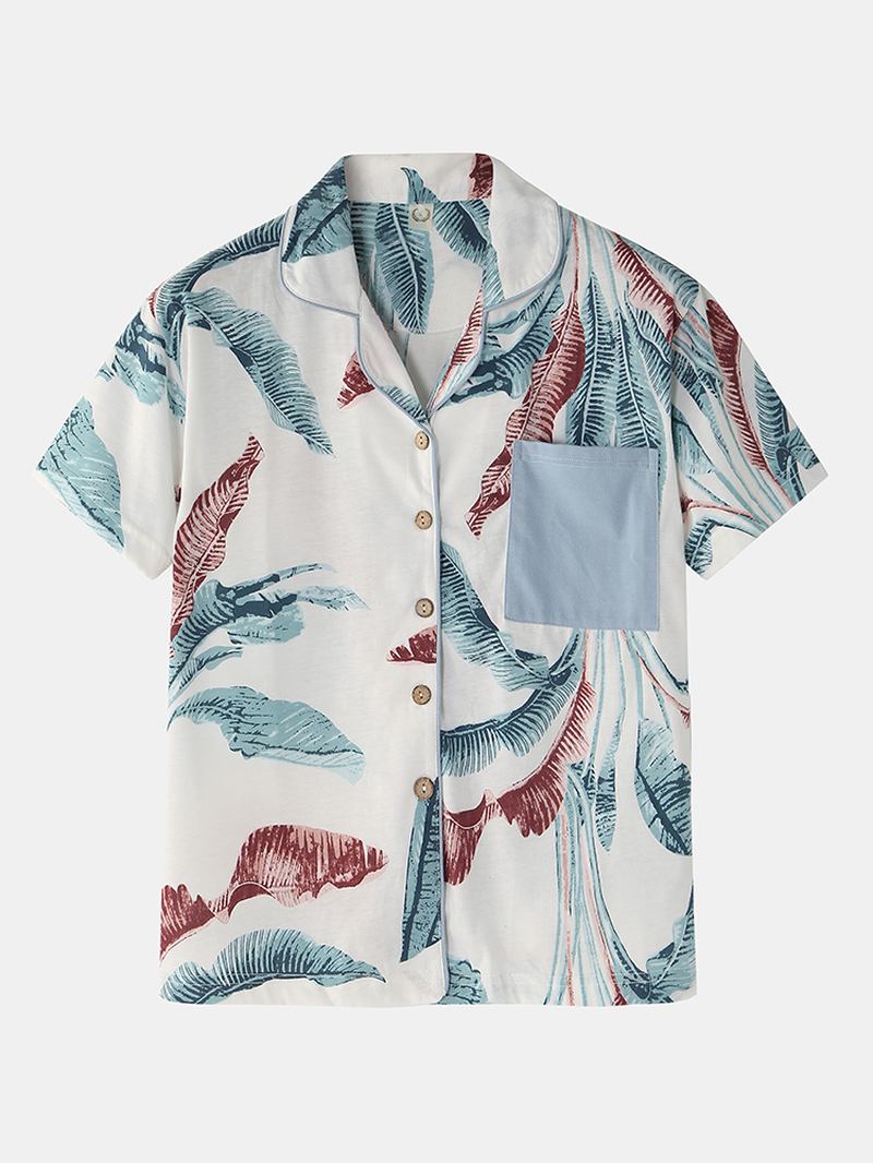 Kvinnor Tropical Plant Leaves Med Tryck Button Up Revere Collar Kortärmad Home Casual Pyjamas Set