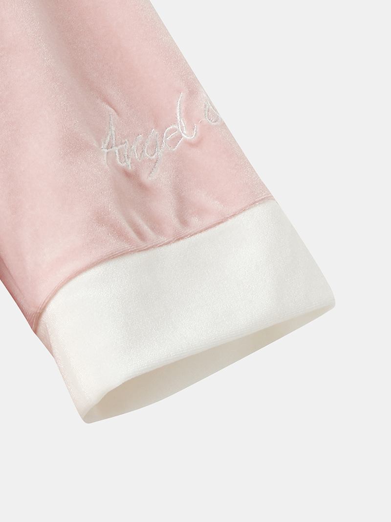 Kvinnor Velour Kontrast V-hals Brev Broderi Manschett Mysig Pyjamas Set