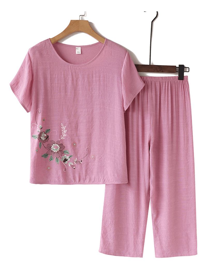 Kvinnor Vintage Blommor Med Tryck Loungewear Kortärmad Pyjamas Som Andas