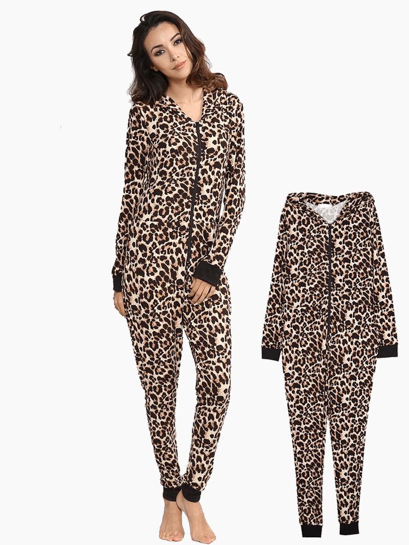 Leopard Hooded Jumpsuits Front Zipper Pyjamas Set