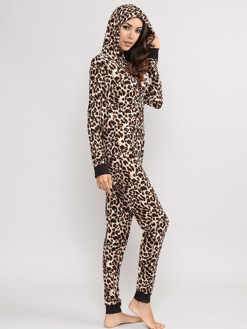 Leopard Hooded Jumpsuits Front Zipper Pyjamas Set