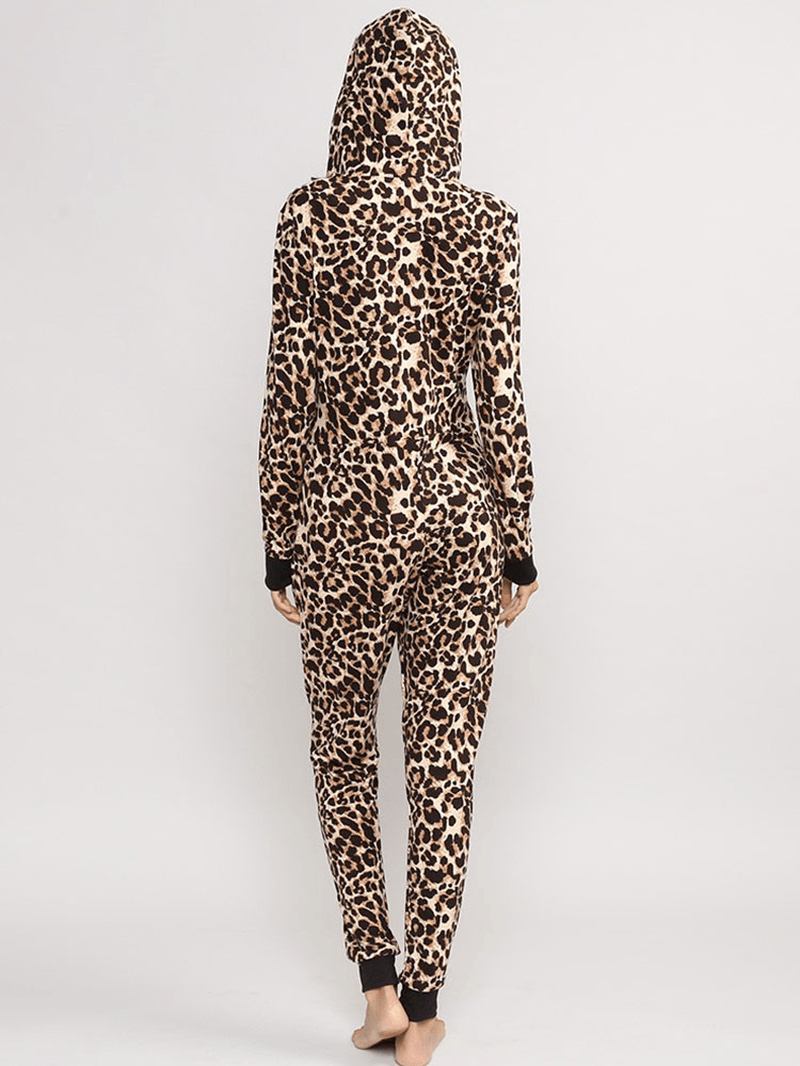 Leopard Hooded Jumpsuits Front Zipper Pyjamas Set