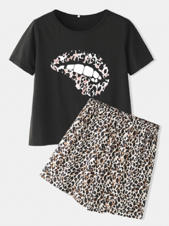 Leopard Med Tryck Pyjamas Set Två Delar O-hals Kort Ärm Dam Outwork Loungewear