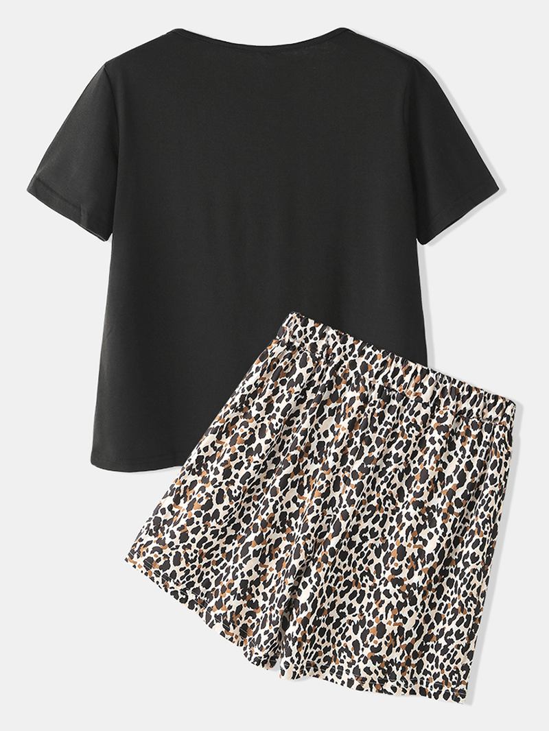 Leopard Med Tryck Pyjamas Set Två Delar O-hals Kort Ärm Dam Outwork Loungewear