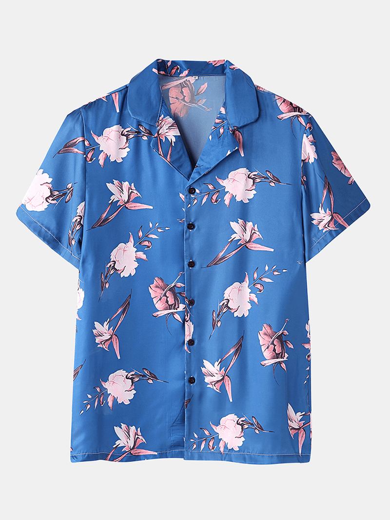 Män Blommönster Revere Krage Kortärmad Hem Andas Pyjamas Set Sovkläder