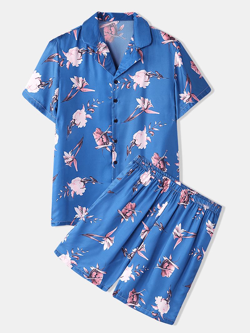 Män Blommönster Revere Krage Kortärmad Hem Andas Pyjamas Set Sovkläder