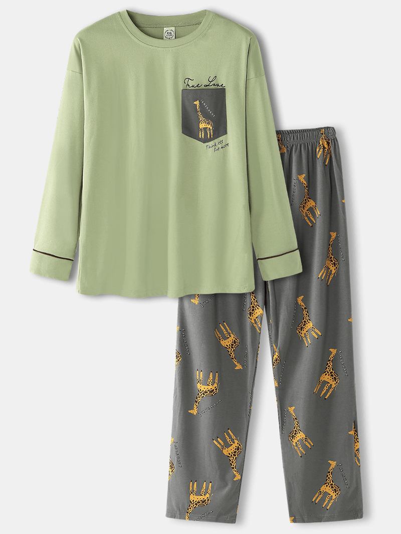 Män Cartoon Giraffe Brevtryck Drop Shoulder Cozy Pyjamas Sets