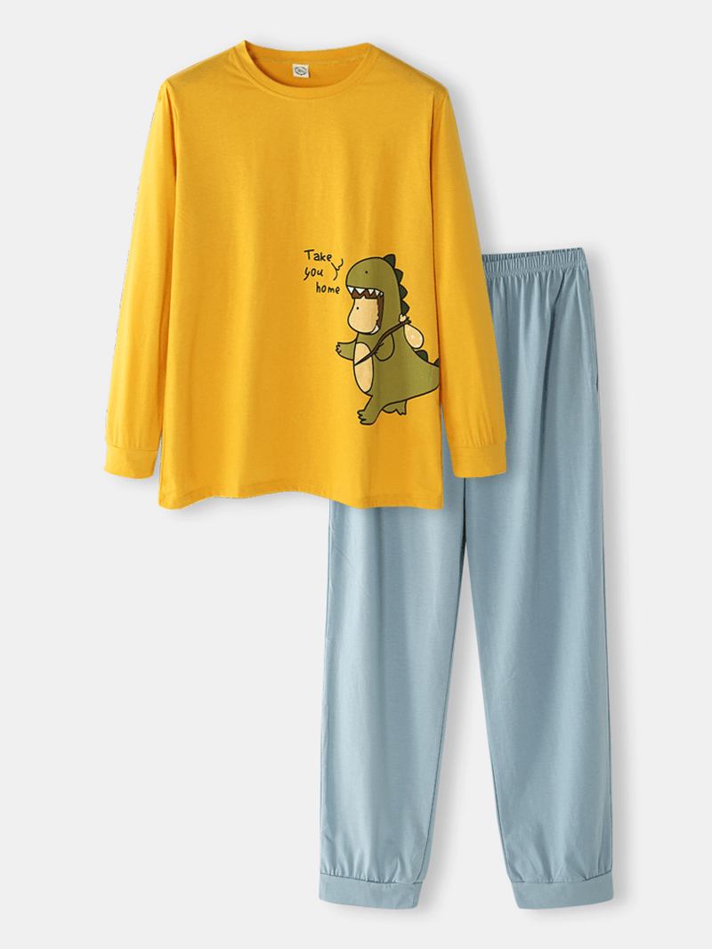 Män Cartoon Med Tryck Lös Andas Långärmad Elastisk Midja Hem Pyjamas Set