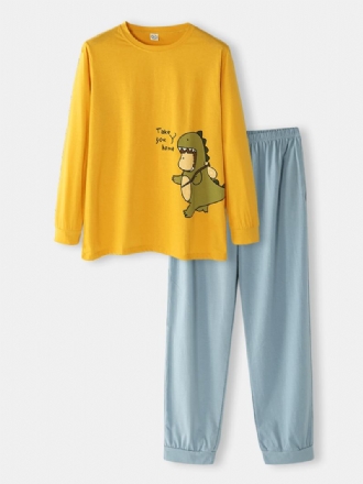 Män Cartoon Med Tryck Lös Andas Långärmad Elastisk Midja Hem Pyjamas Set