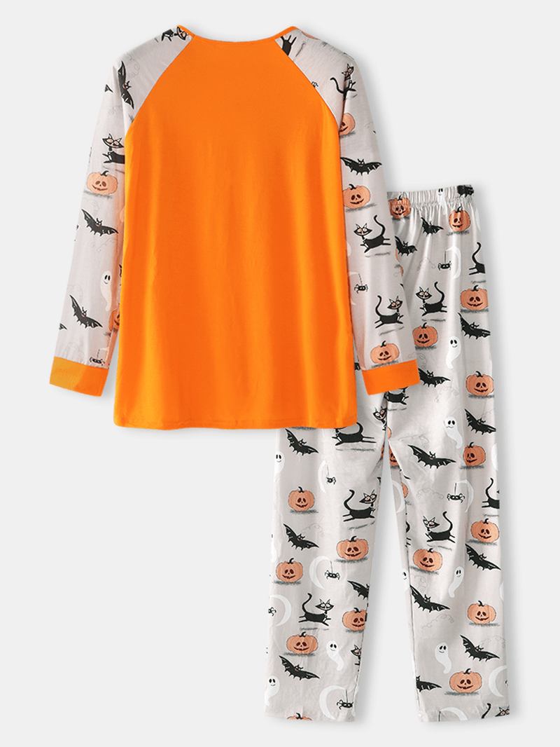 Män Cartoon Med Tryck Patchwork Rund Hals Lös Långärmad Casual Home Pyjamas Set